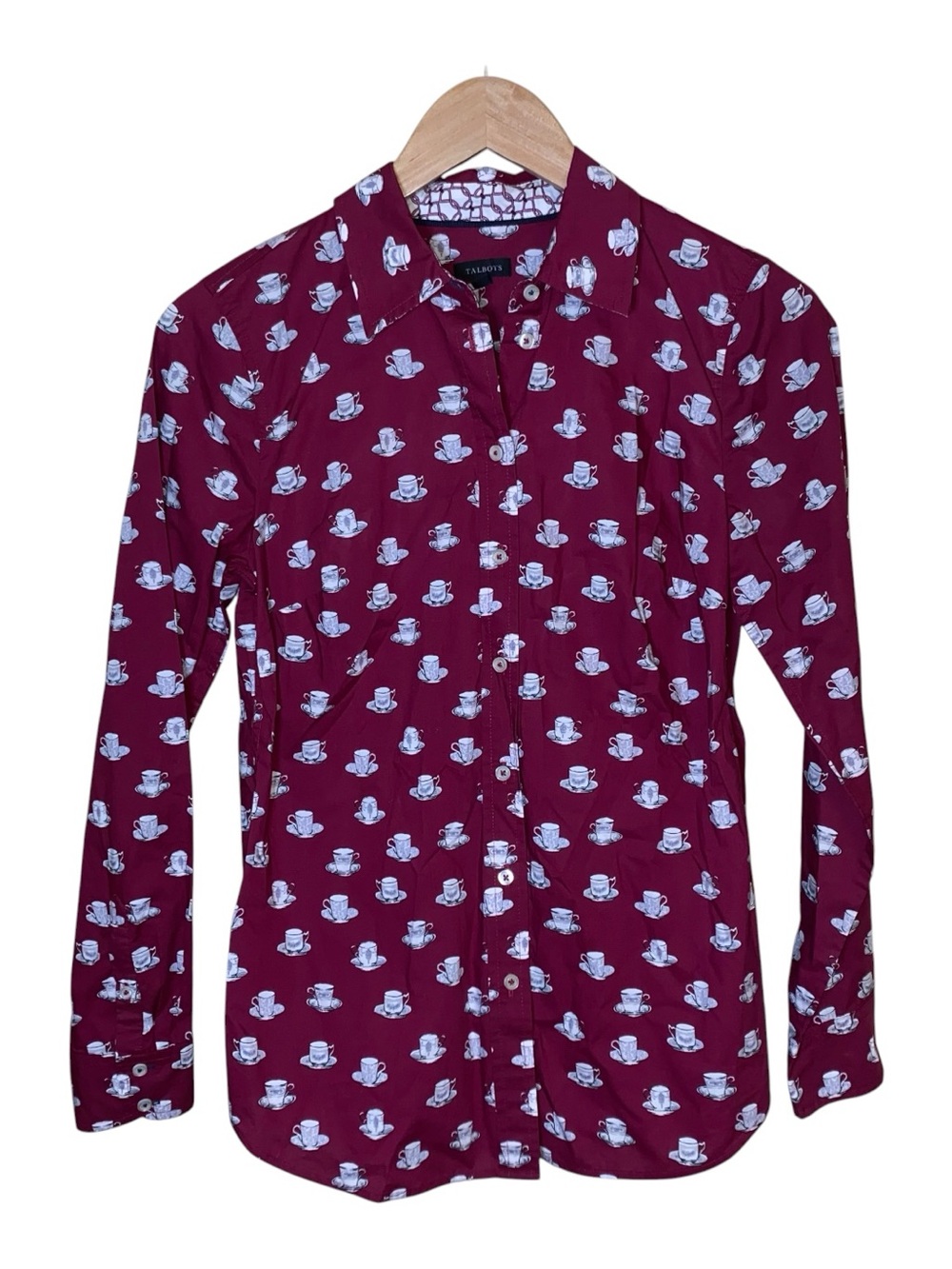 Talbots Women's Top Sz XSmall Maroon Button Up Flip Cuffs Coffee Cup Long Sleeve